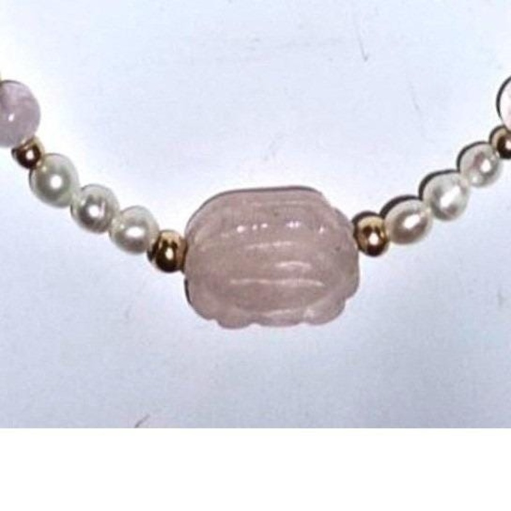 Rose Quartz Carved Centerpiece Pearl Beaded Necklace Pink White‎ Gold Tone 20in
